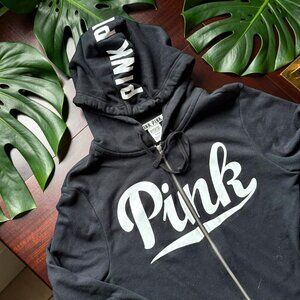 Victoria’s Secret PINK Black Full Zip Hoodie Logo Y2K Athleisure Womens M 3117